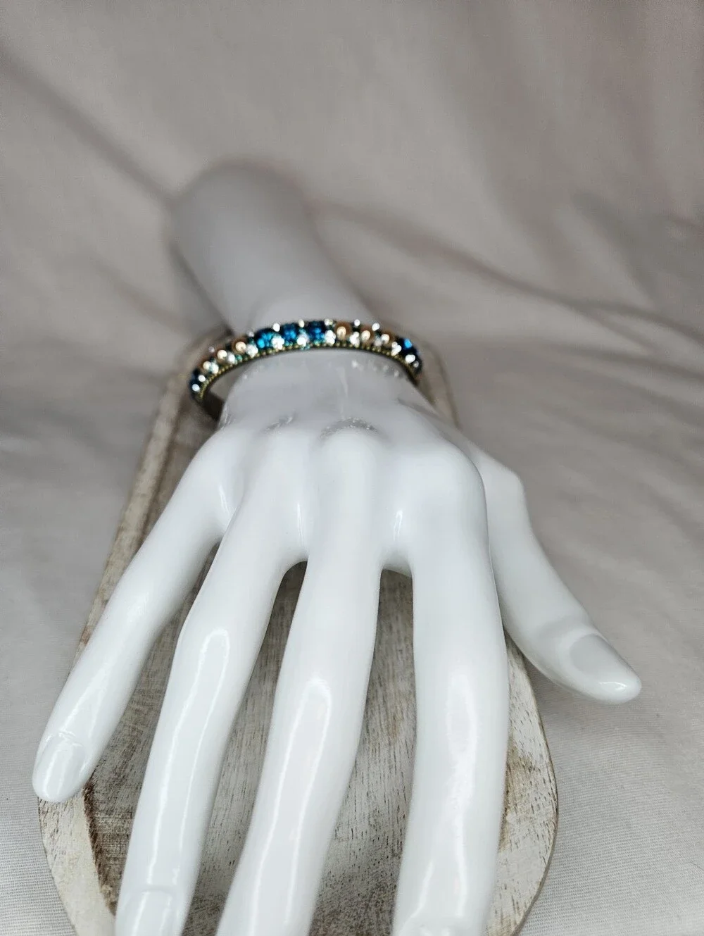 Vintage Gold Teal Crystal Rhinestone Bangle Bracelet Antique Boho Beaded Trim